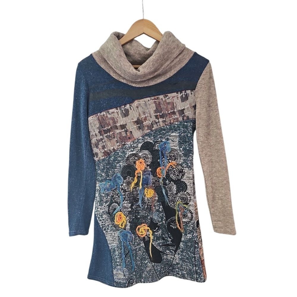 India Factory Hand Painted Art Tunic Cowl Neck Top M Boho Wearable Art Shirt